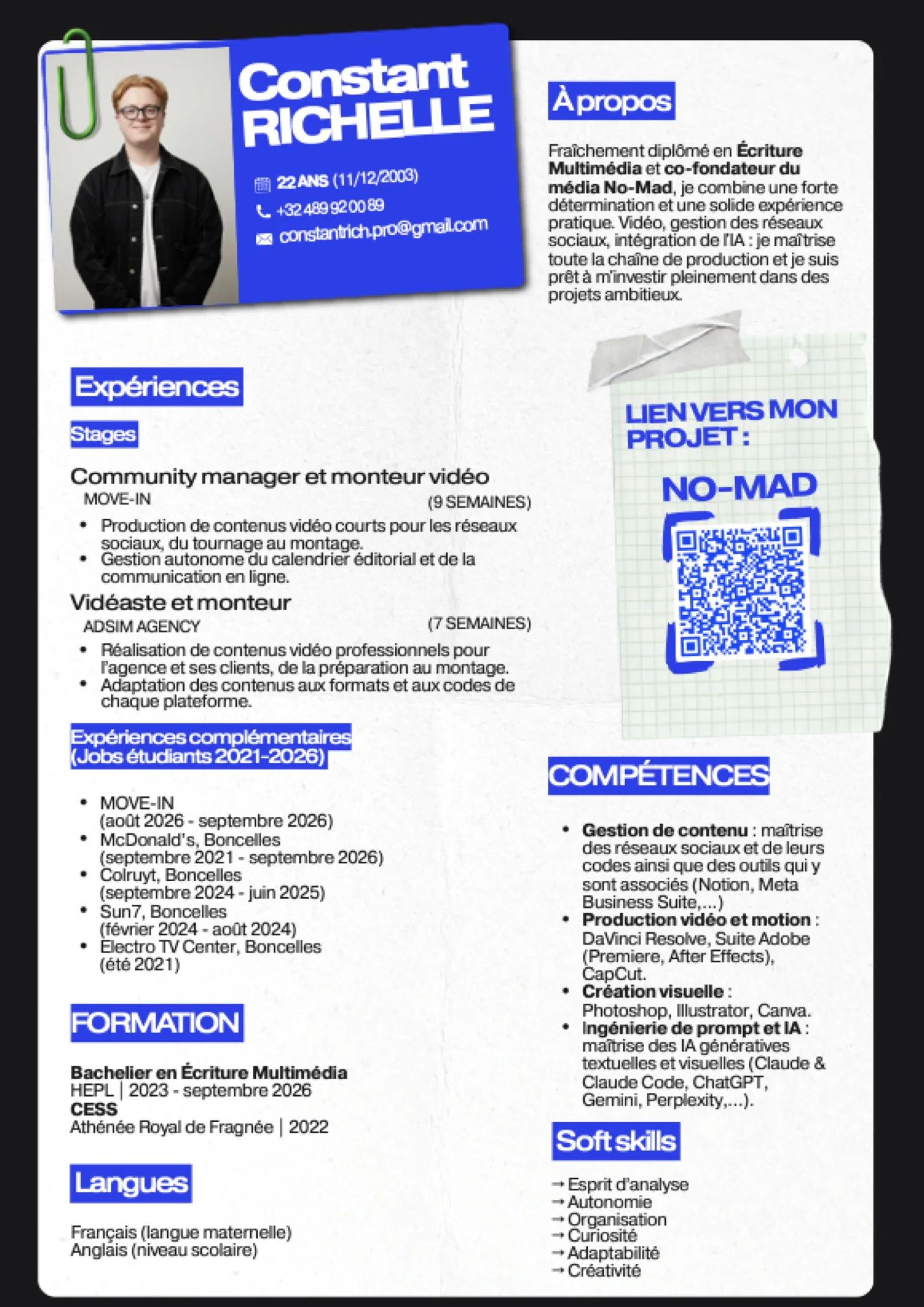 Aperçu de mon CV : photo, expériences, formation, compétences et lien vers No-Mad